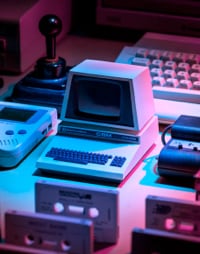 Retro PC in blue-pink lighting